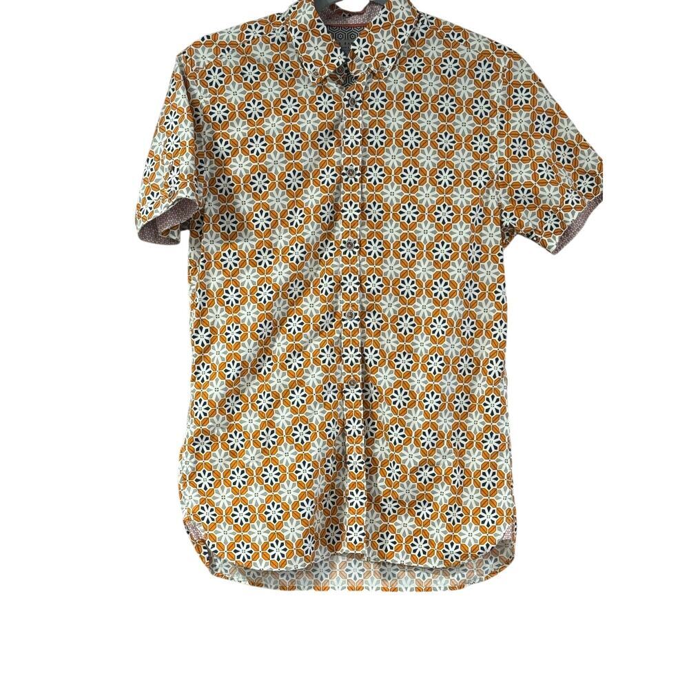 Ted Baker London Geometric Orange White Print Shirt Size 2 US Small 100% Cotton